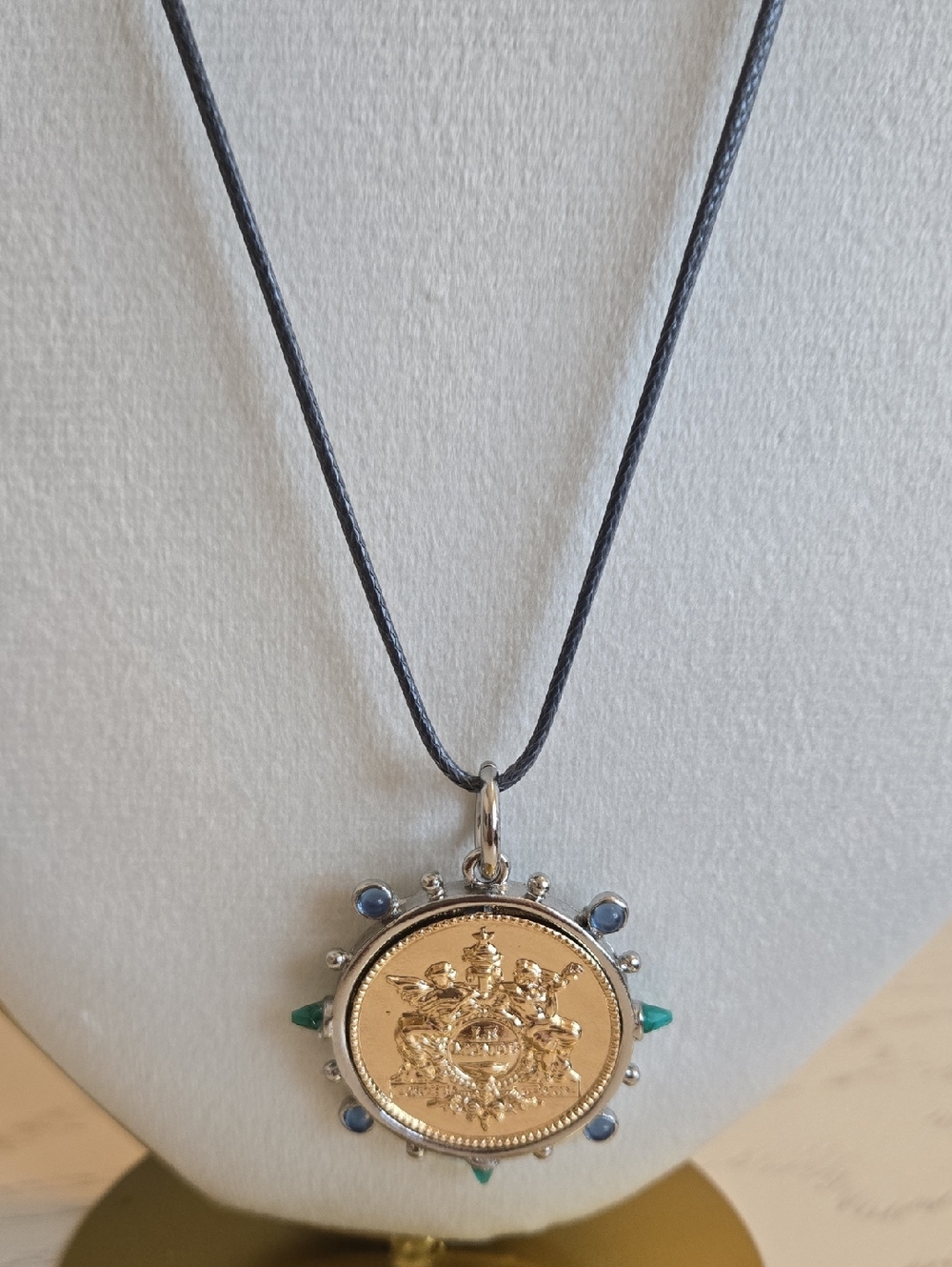 French Replica Gold coin silver bezel bluegreen gemstones On Blue Leather Chain - Picture 2 of 8